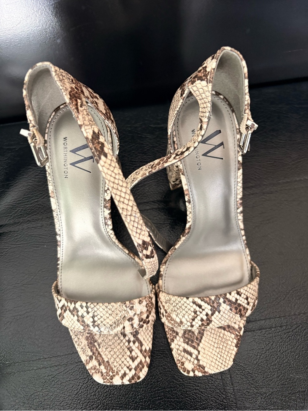 Worthington Snake-Print Strappy Heels in Taupe and Brown
